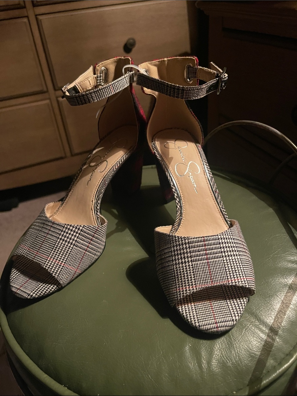 Jessica Simpson Red/Black/Plaid Ankle-Strap Block Heels worn twice. 7.5 M wome